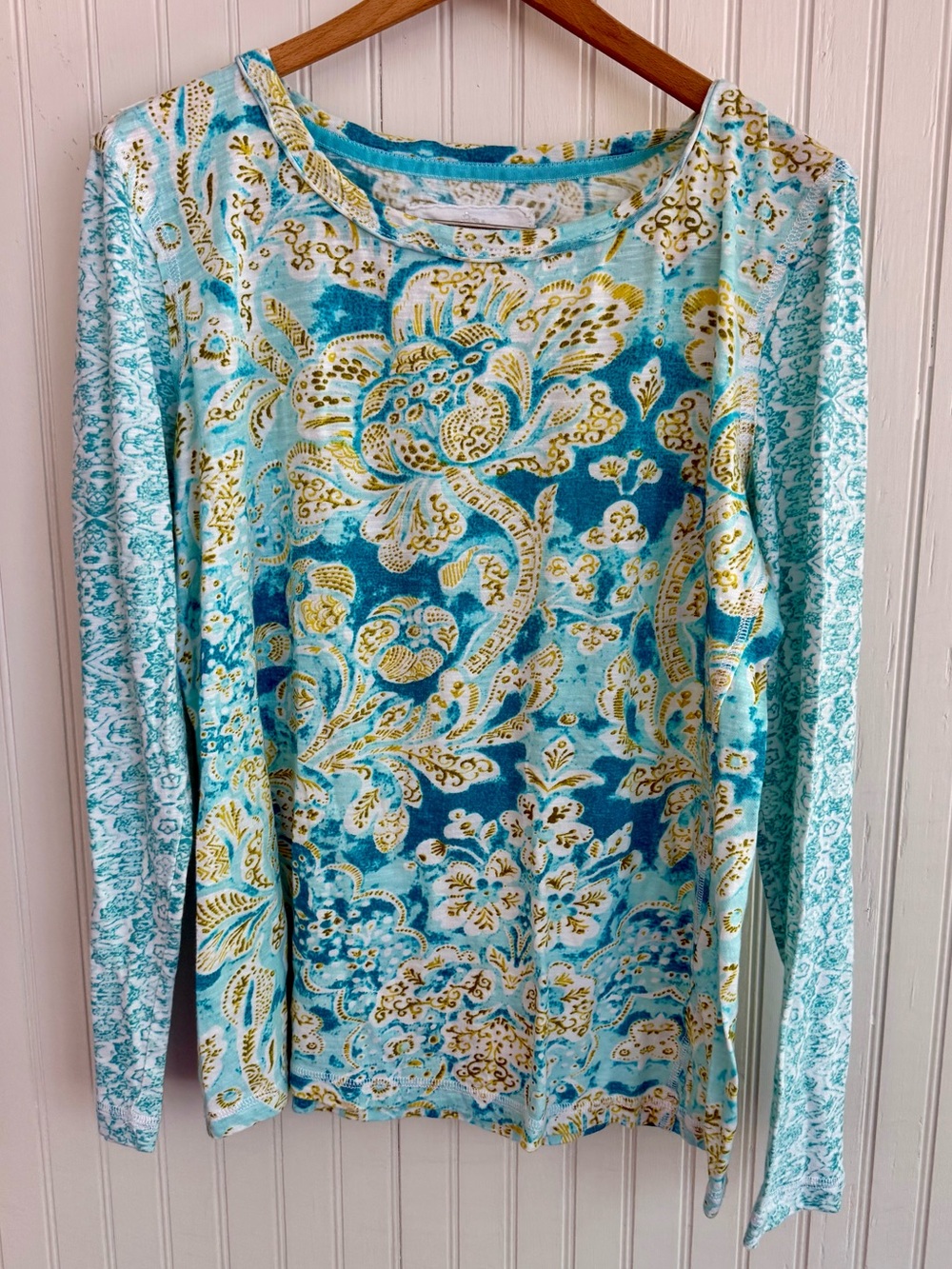 Cino Floral Top Size M Teal Paisley Print Long Sleeve Tee 100% Cotton Aqua